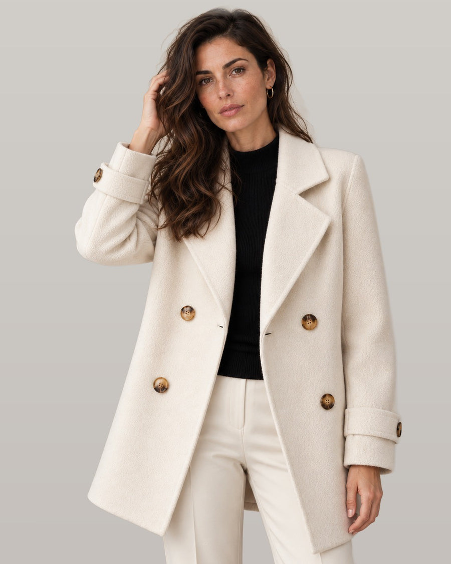 Tiara double-breasted coat in beige, front view