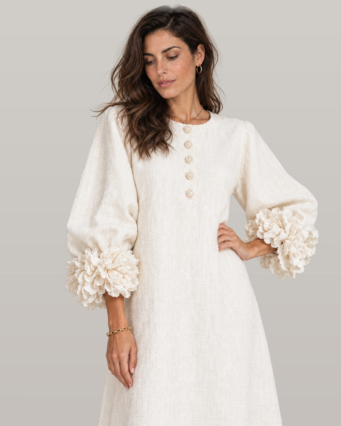 Midi dress with rose-cuff sleeves in white, front view