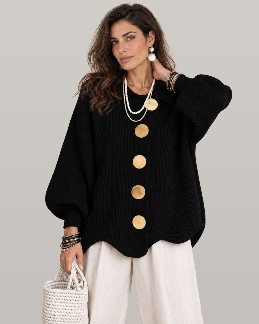Oversized collared button cardigan in black, front view