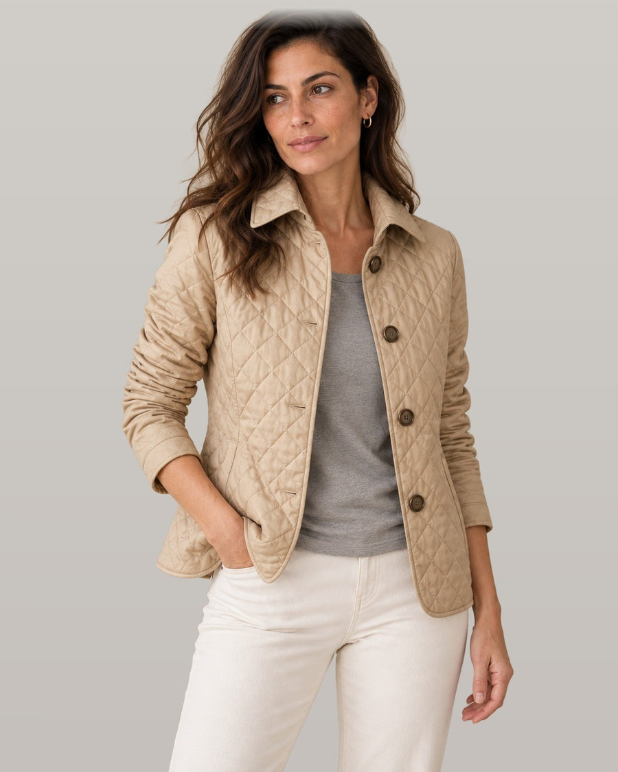 Elegant quilted jacket in beige, front view