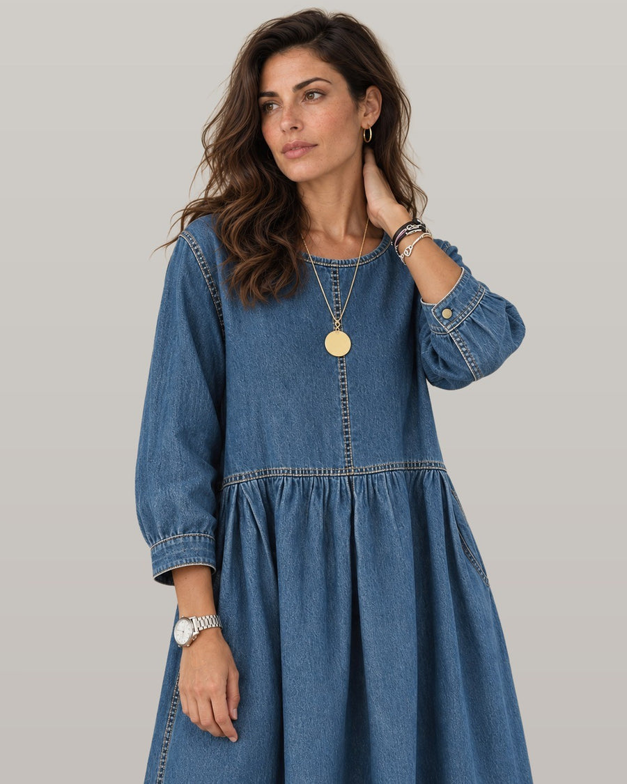 Vintage denim maxi dress, front view