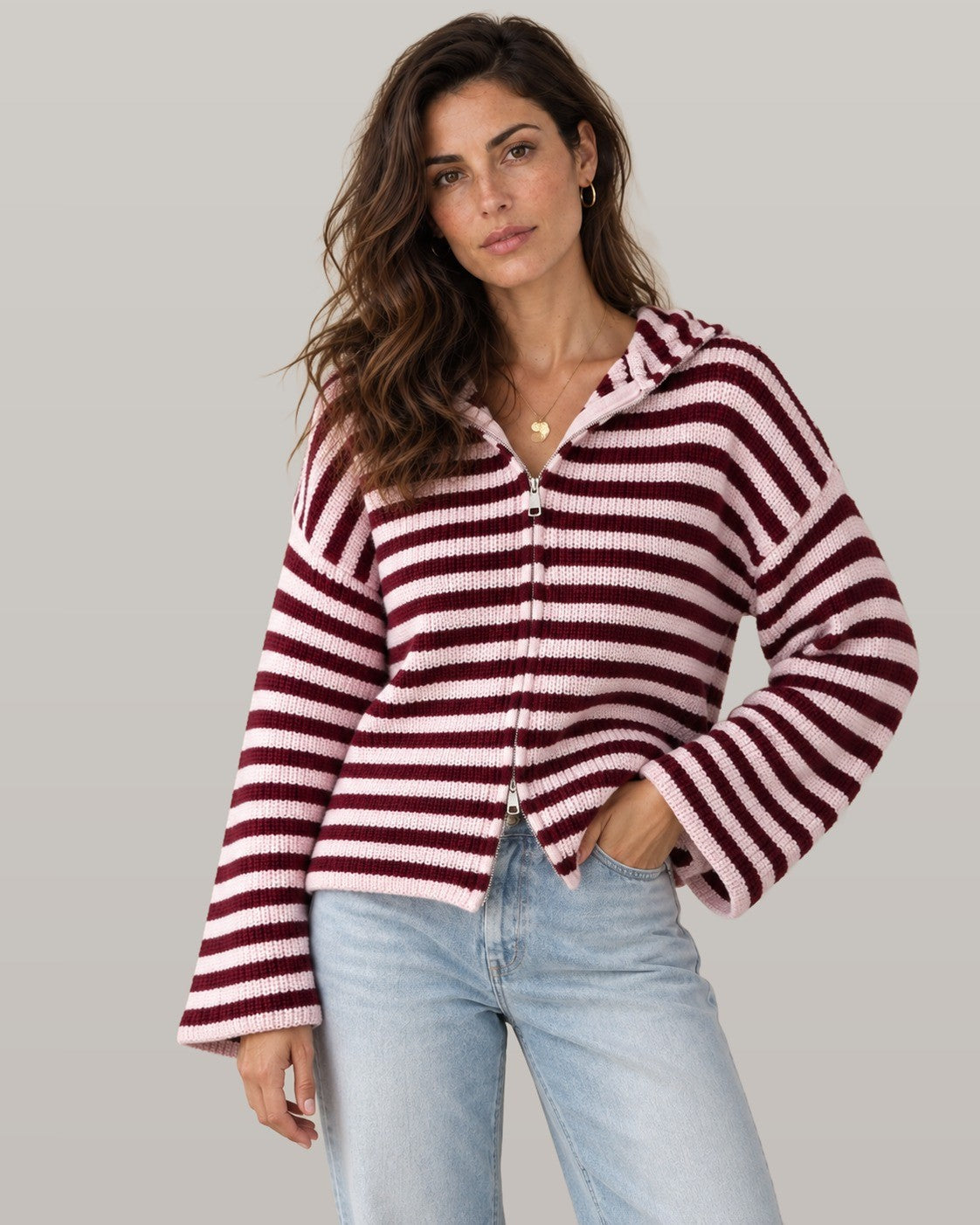 Striped zip cardigan, front view