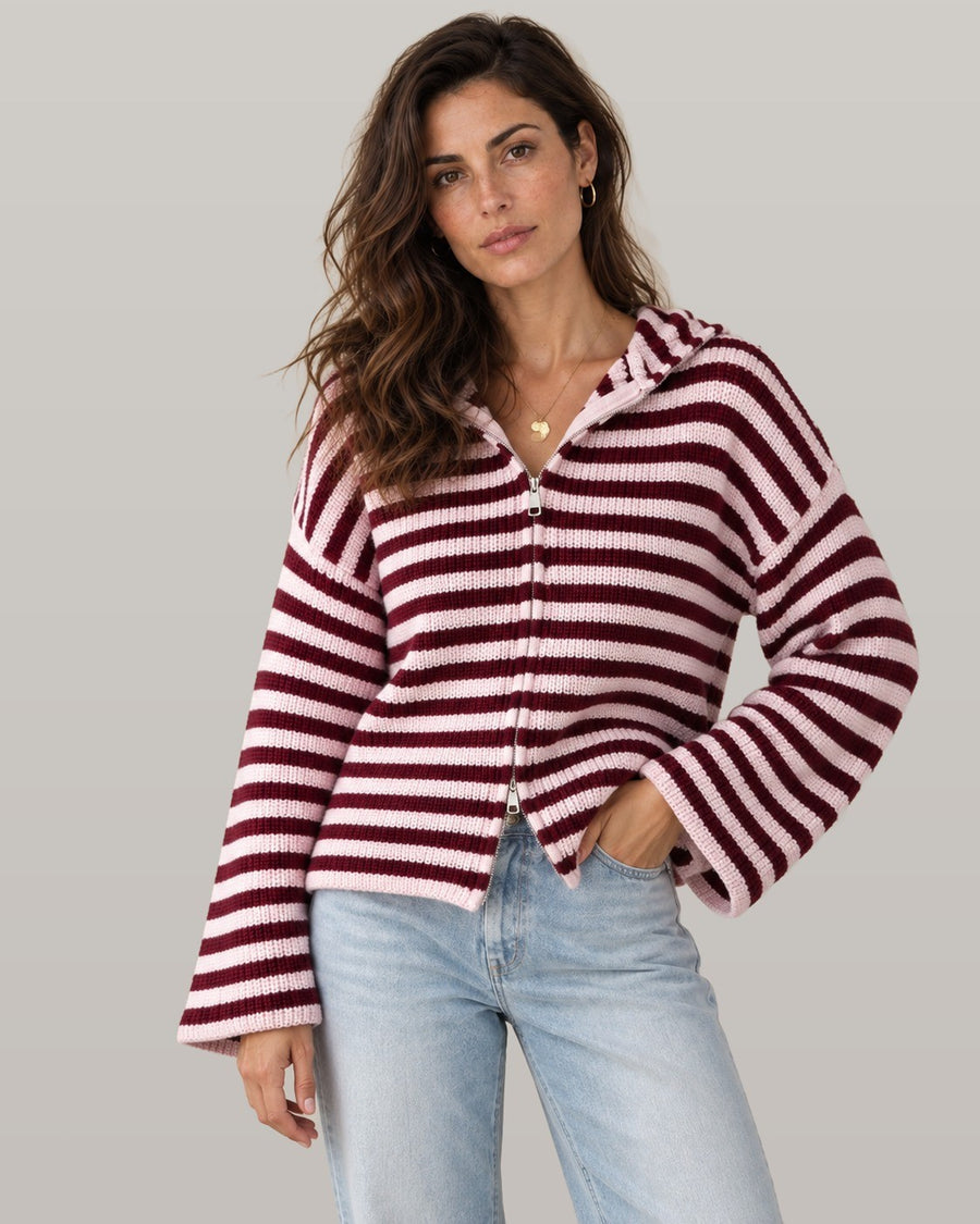 Striped zip cardigan, front view