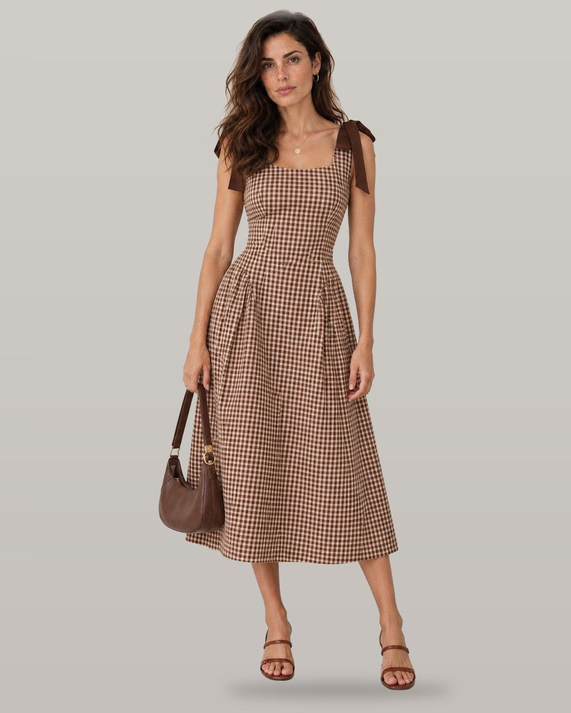 Brown Sleeveless Shirred Plaid Midi Dress