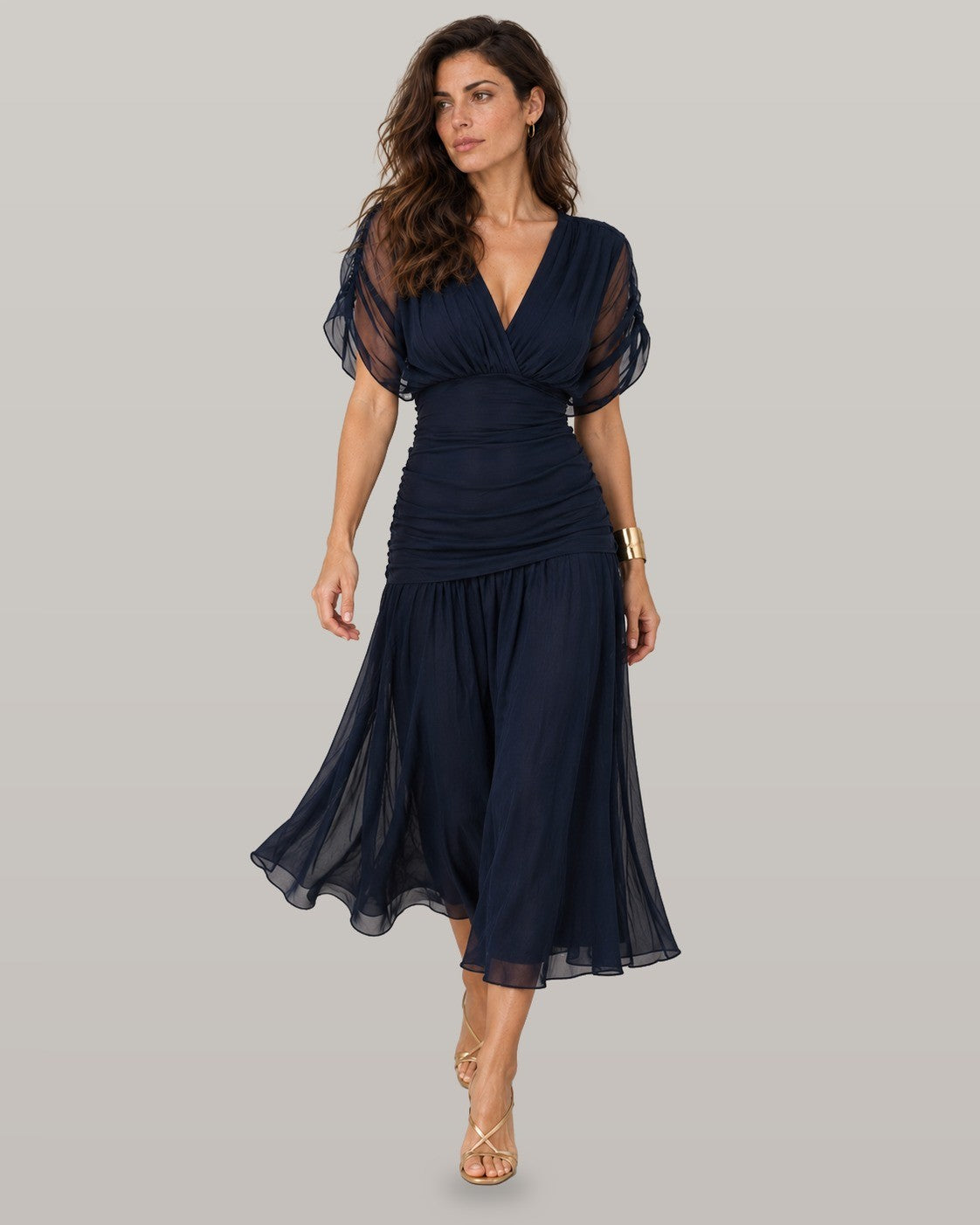 Willow navy pleated chiffon midi dress, front view
