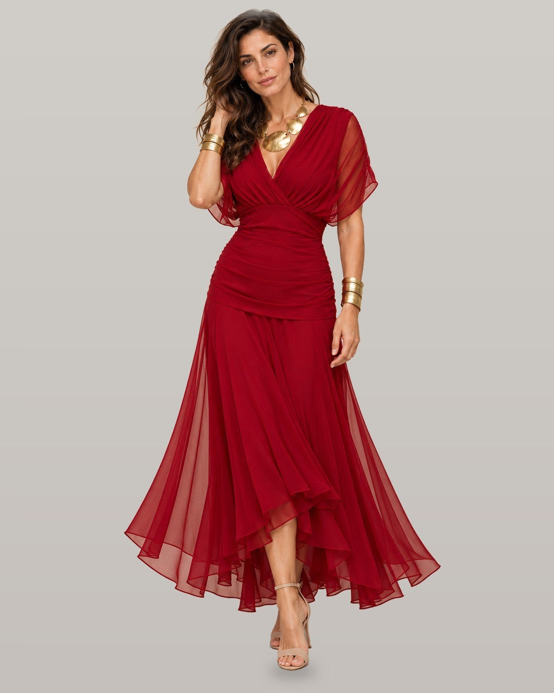 Elegant maxi party dress in venetian red, full-length view