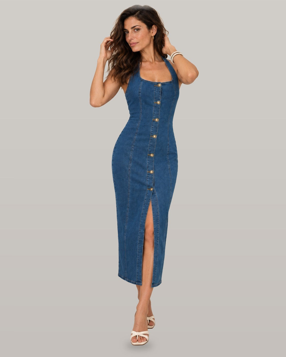Denim halter button front maxi dress in blue, full-length view