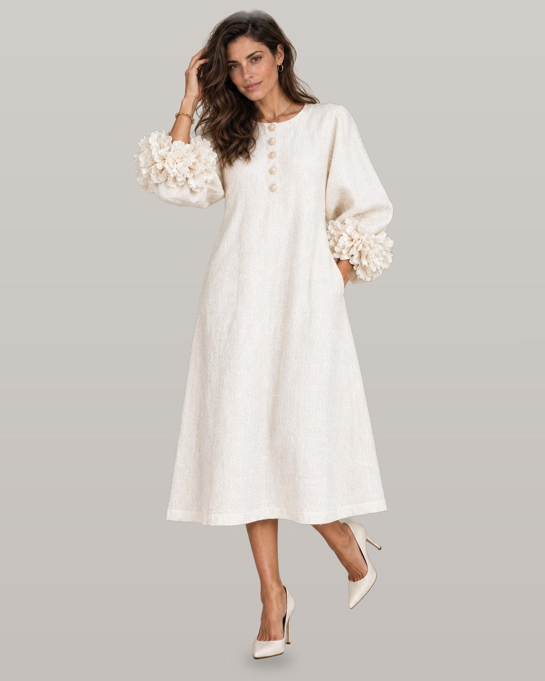 Midi dress with rose-cuff sleeves in white, full-length view