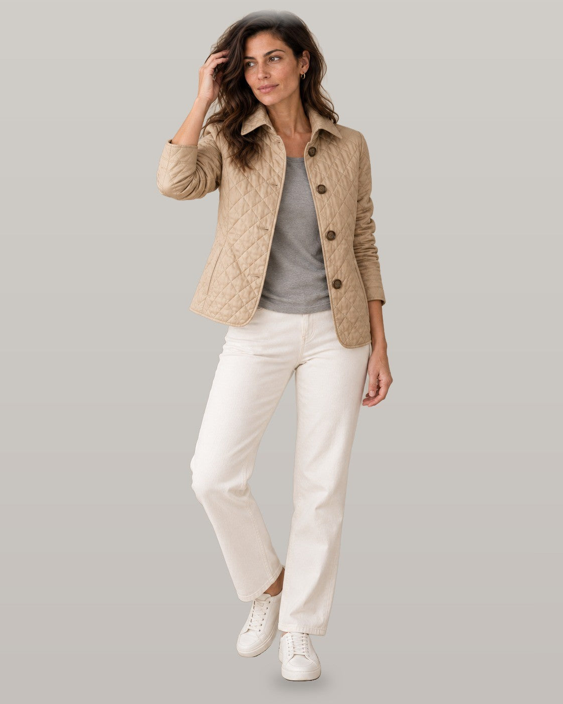 Elegant quilted jacket in beige, full-length view