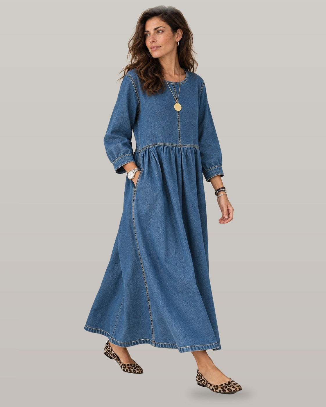 Vintage denim maxi dress, full-length view