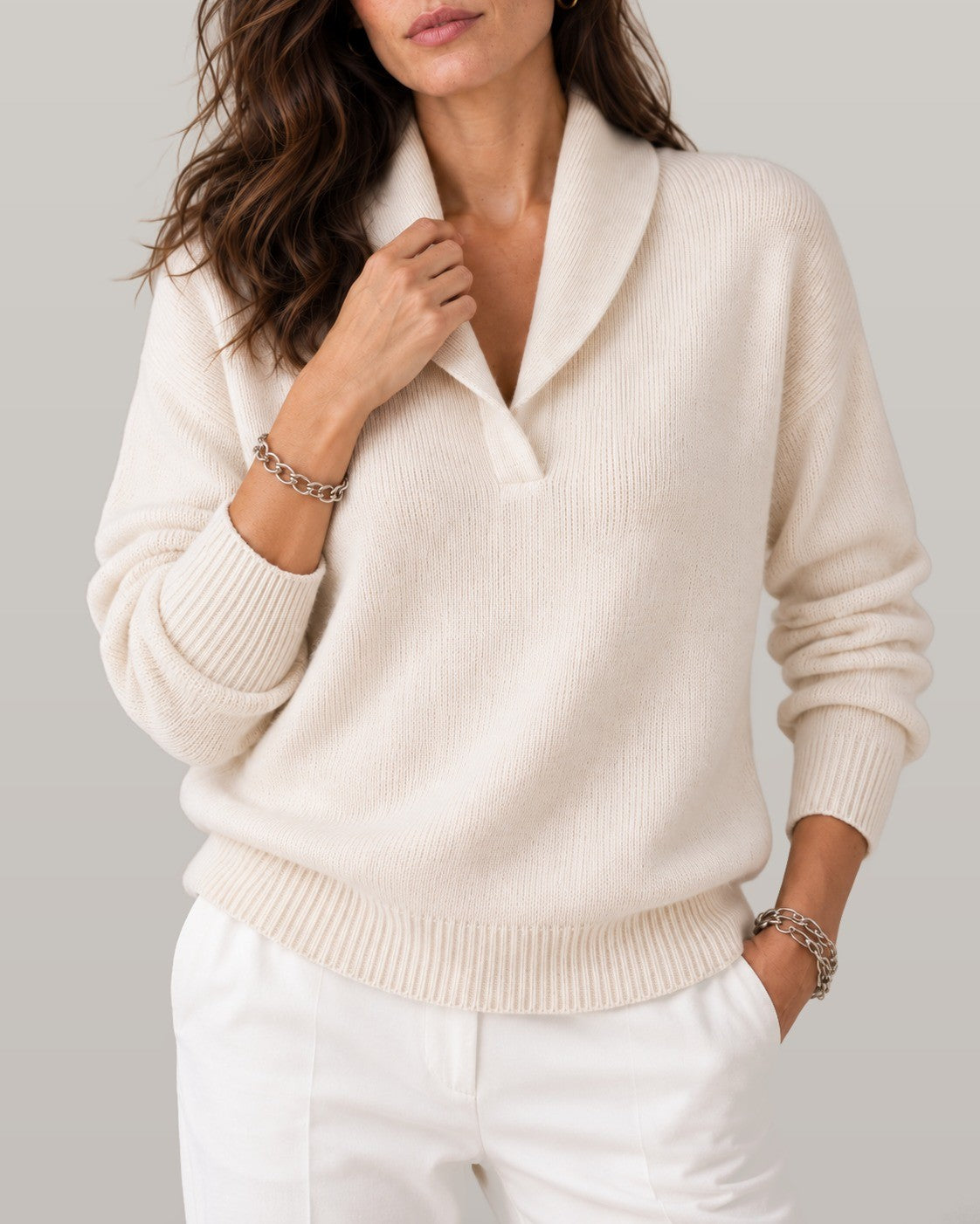 Nella shawl collar V-neck sweater in cream, close-up detail