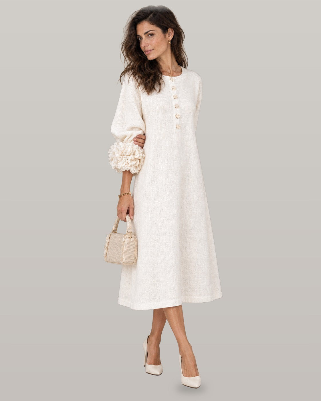 Midi dress with rose-cuff sleeves in white, side view