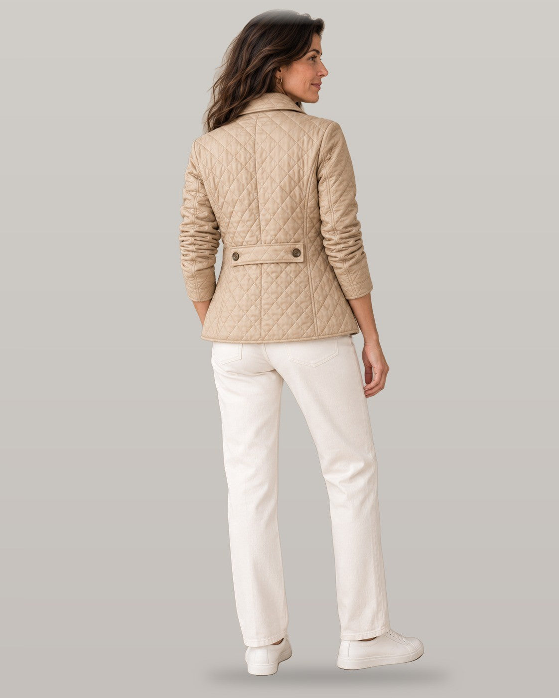 Elegant quilted jacket in beige, back view