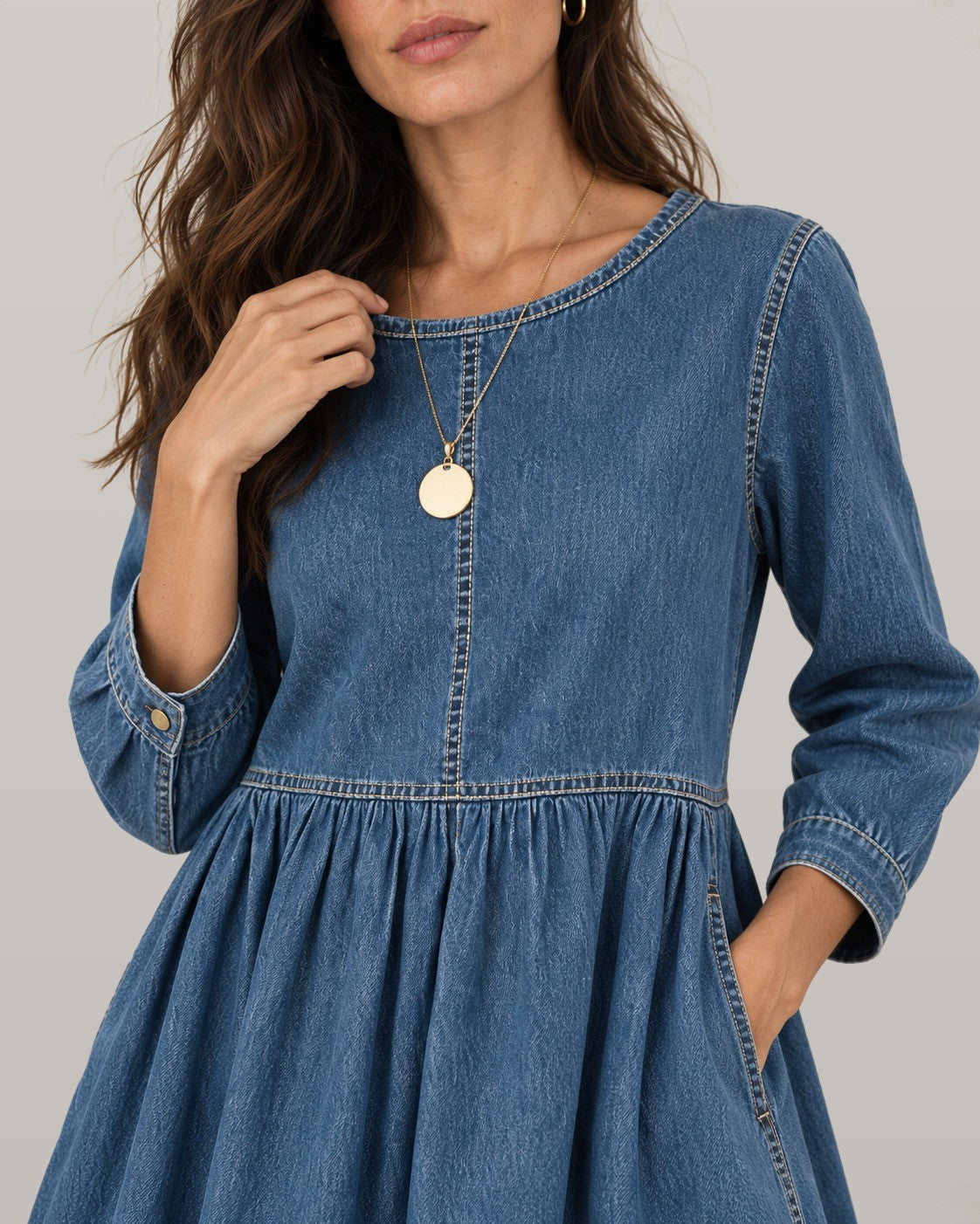 Vintage denim maxi dress, close-up detail