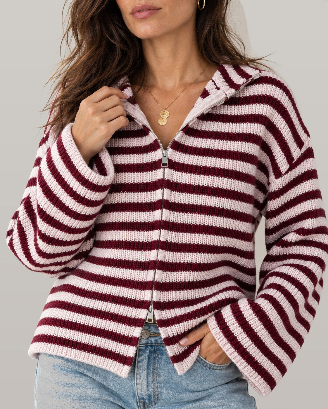 Striped zip cardigan, close-up detail