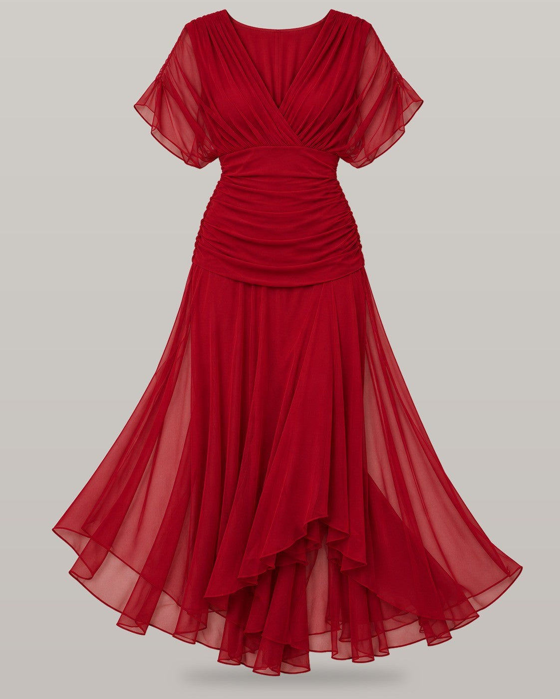 Elegant maxi party dress in venetian red, flat lay