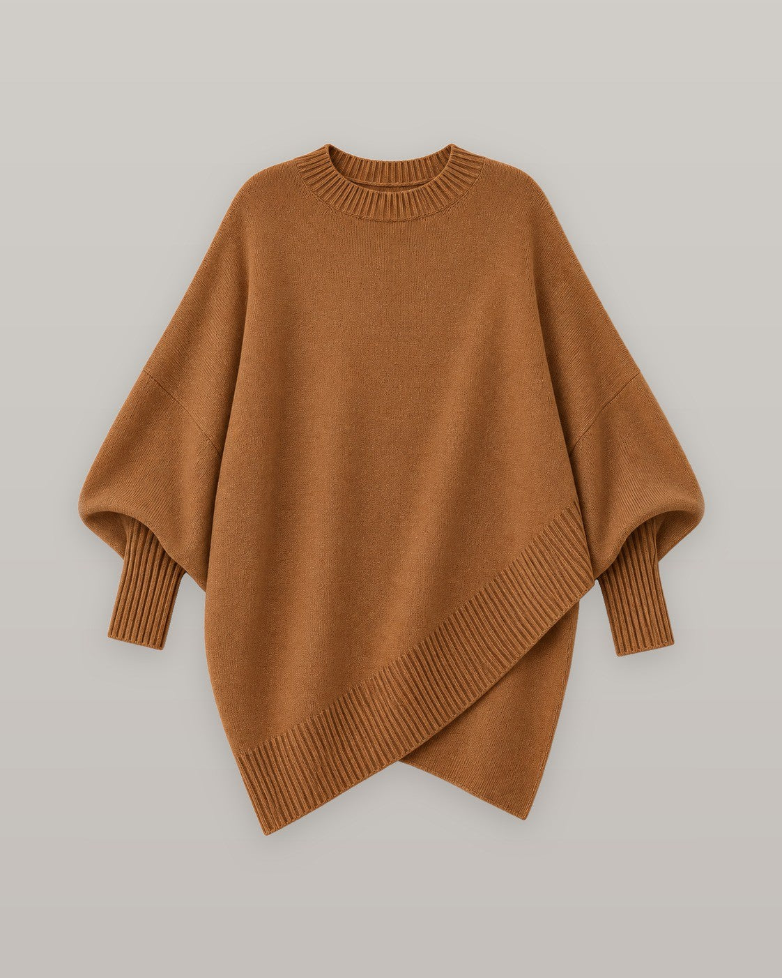 Draped asymmetric knit poncho in brown, flat lay