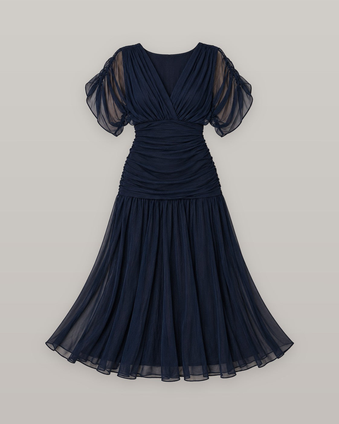 Willow navy pleated chiffon midi dress, flat lay