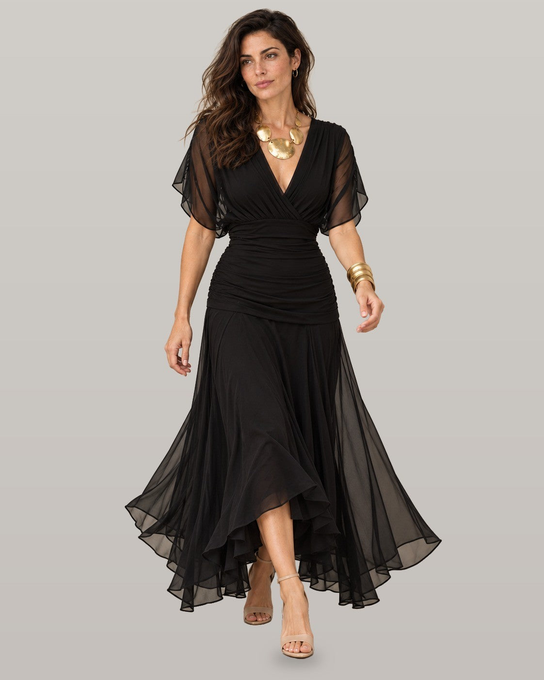 Elegant maxi party dress in black, full-length view