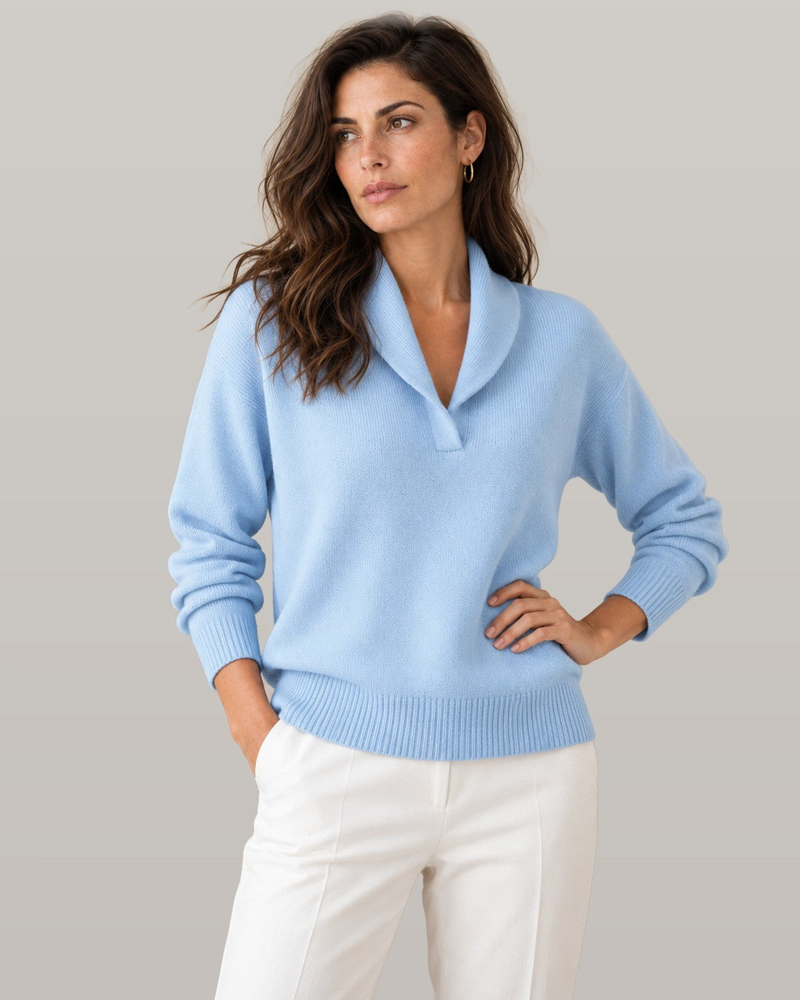Nella shawl collar V-neck sweater in light blue, front view
