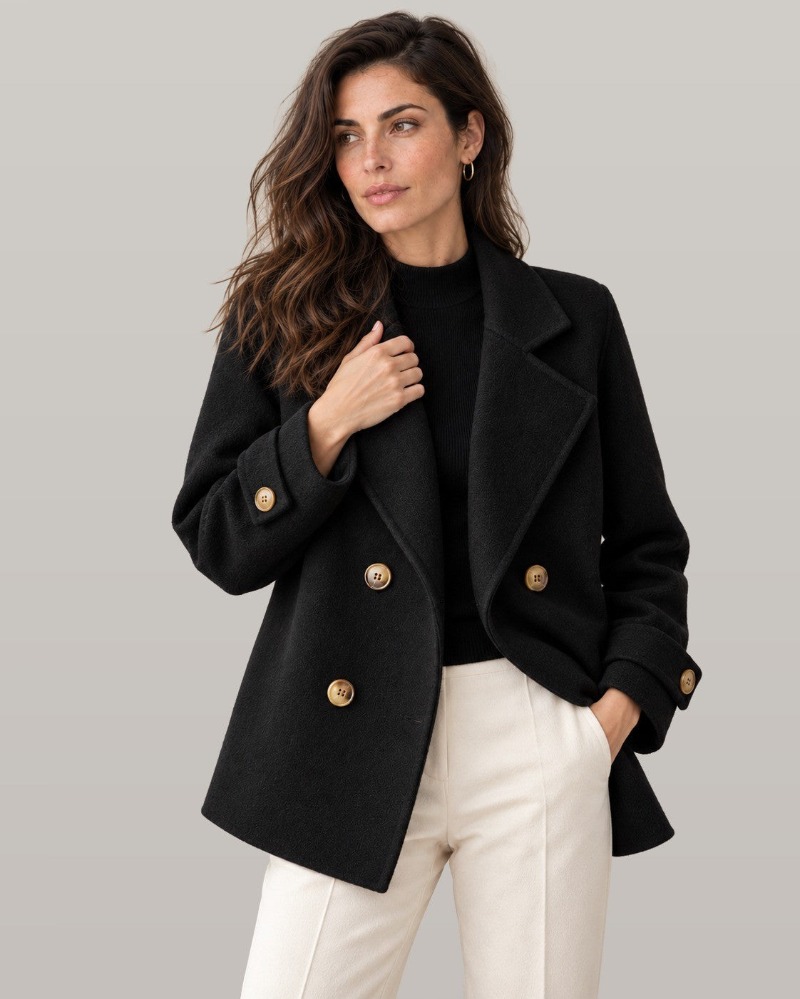 Tiara double-breasted coat in black, front view