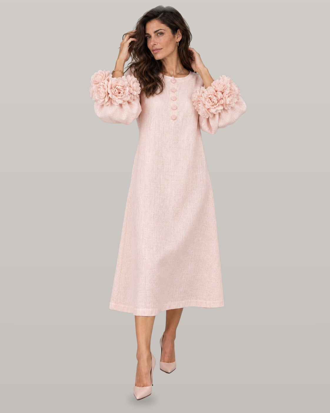 Midi dress with rose-cuff sleeves in pink, full-length view