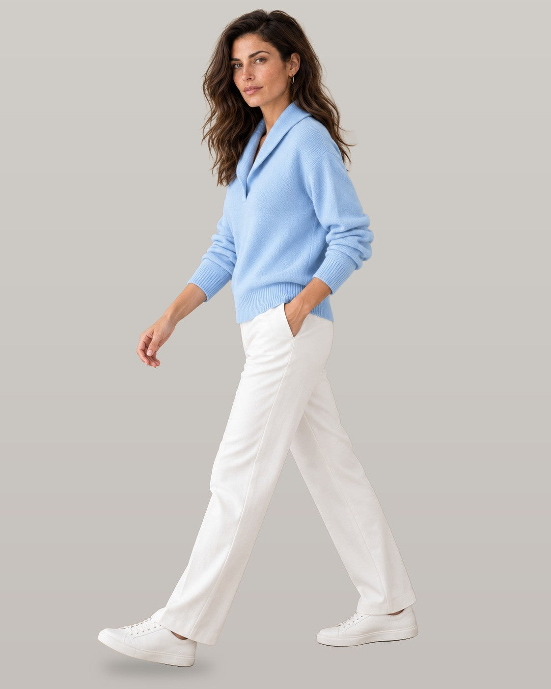 Nella shawl collar V-neck sweater in light blue, full-length view