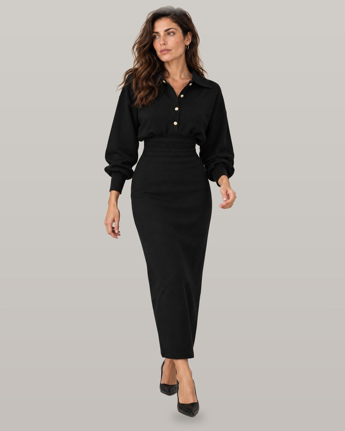 Cinched waist knit shirt dress in black, full-length view