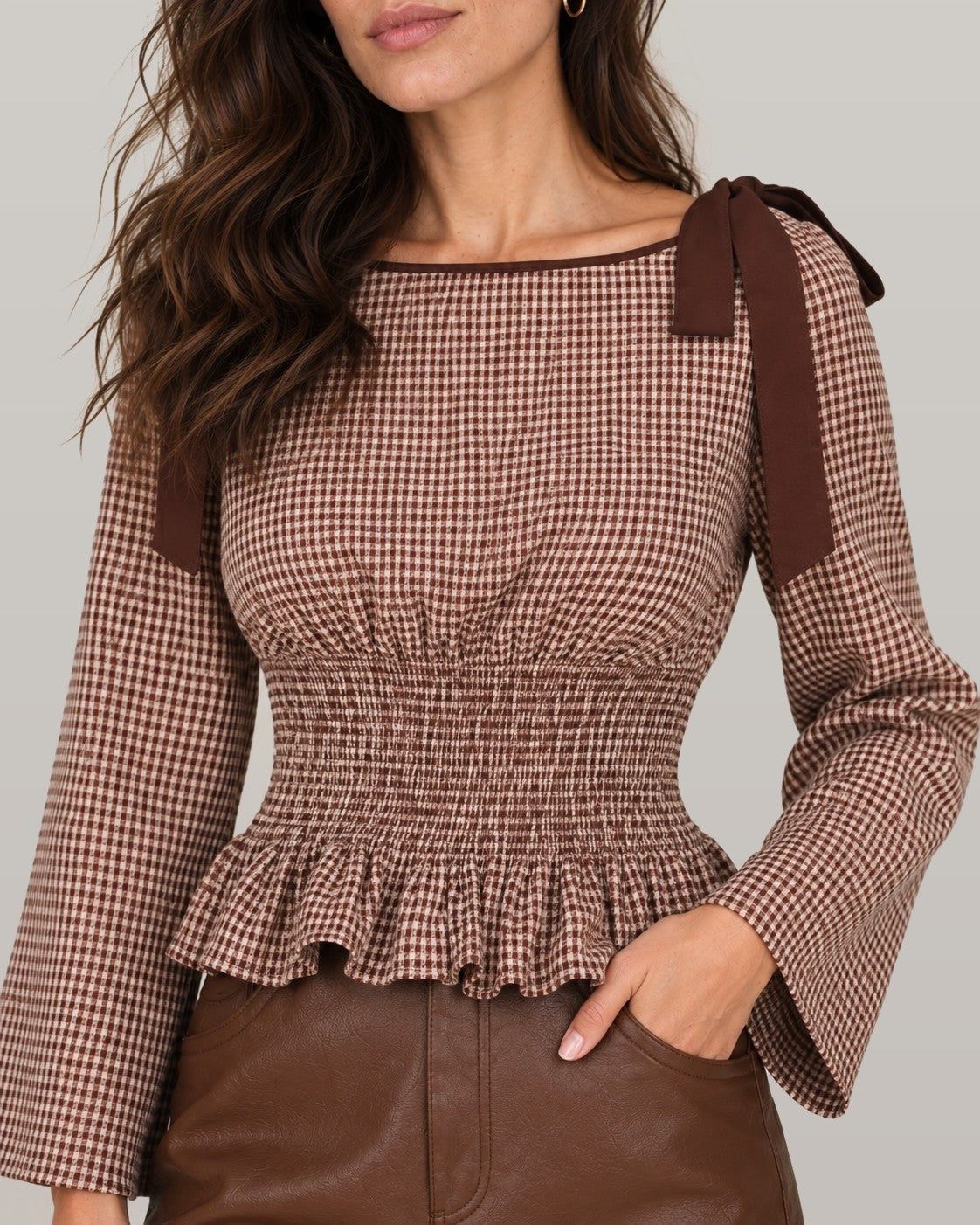 Gingham Tie Shoulder Smocked Blouse