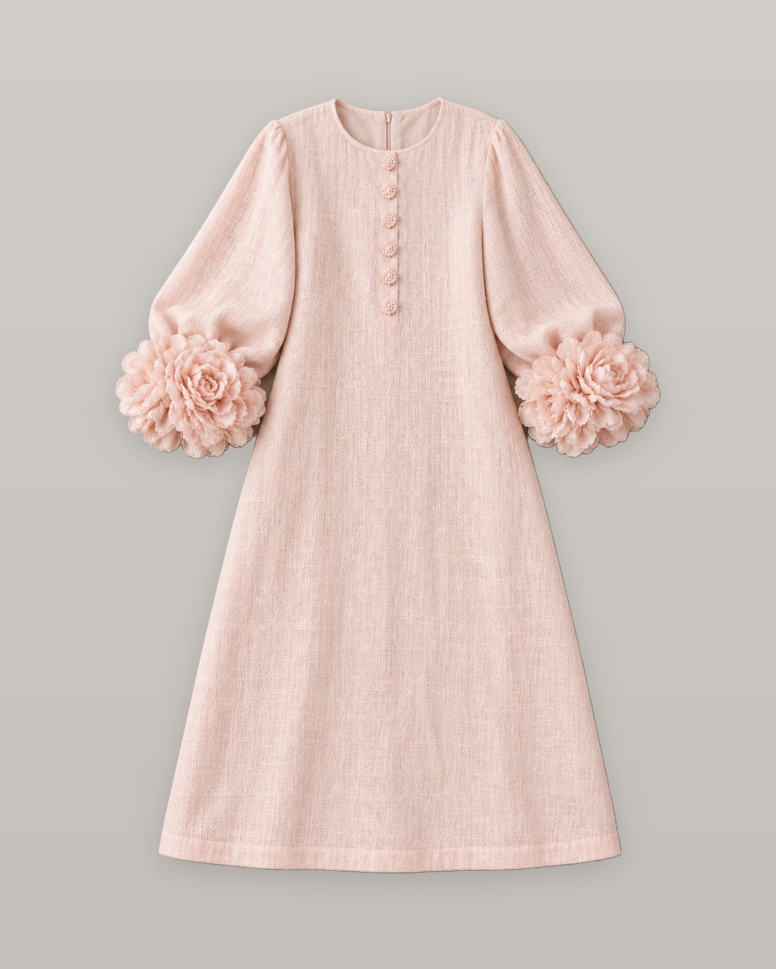 Midi dress with rose-cuff sleeves in pink, flat lay