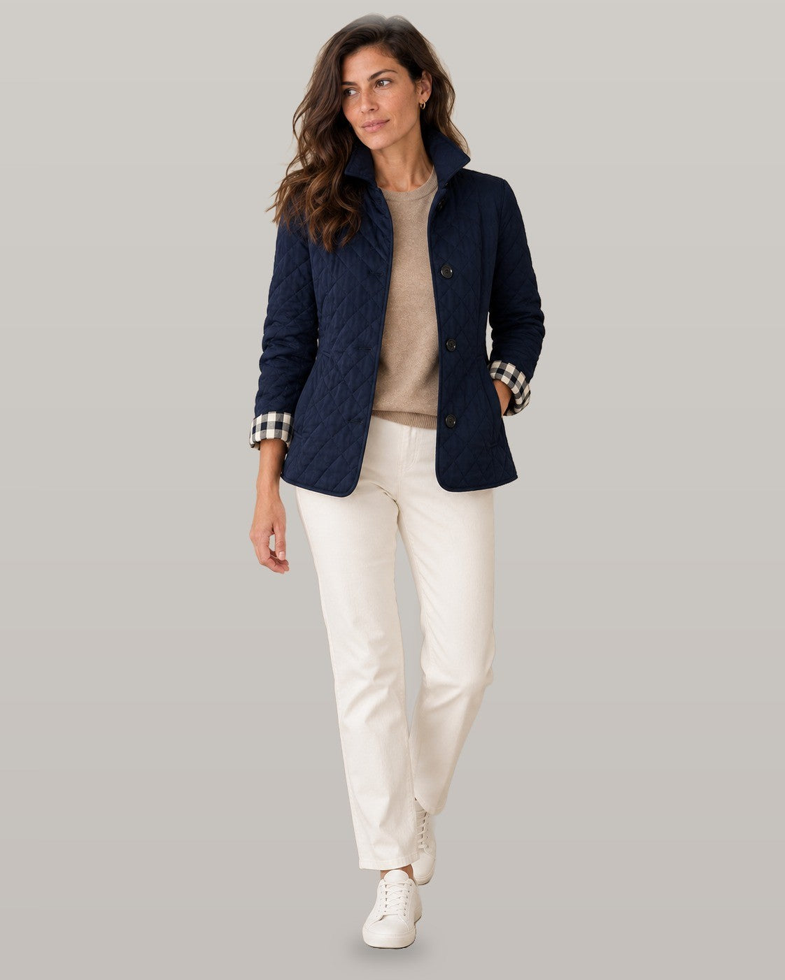 Elegant quilted jacket in navy, full-length view