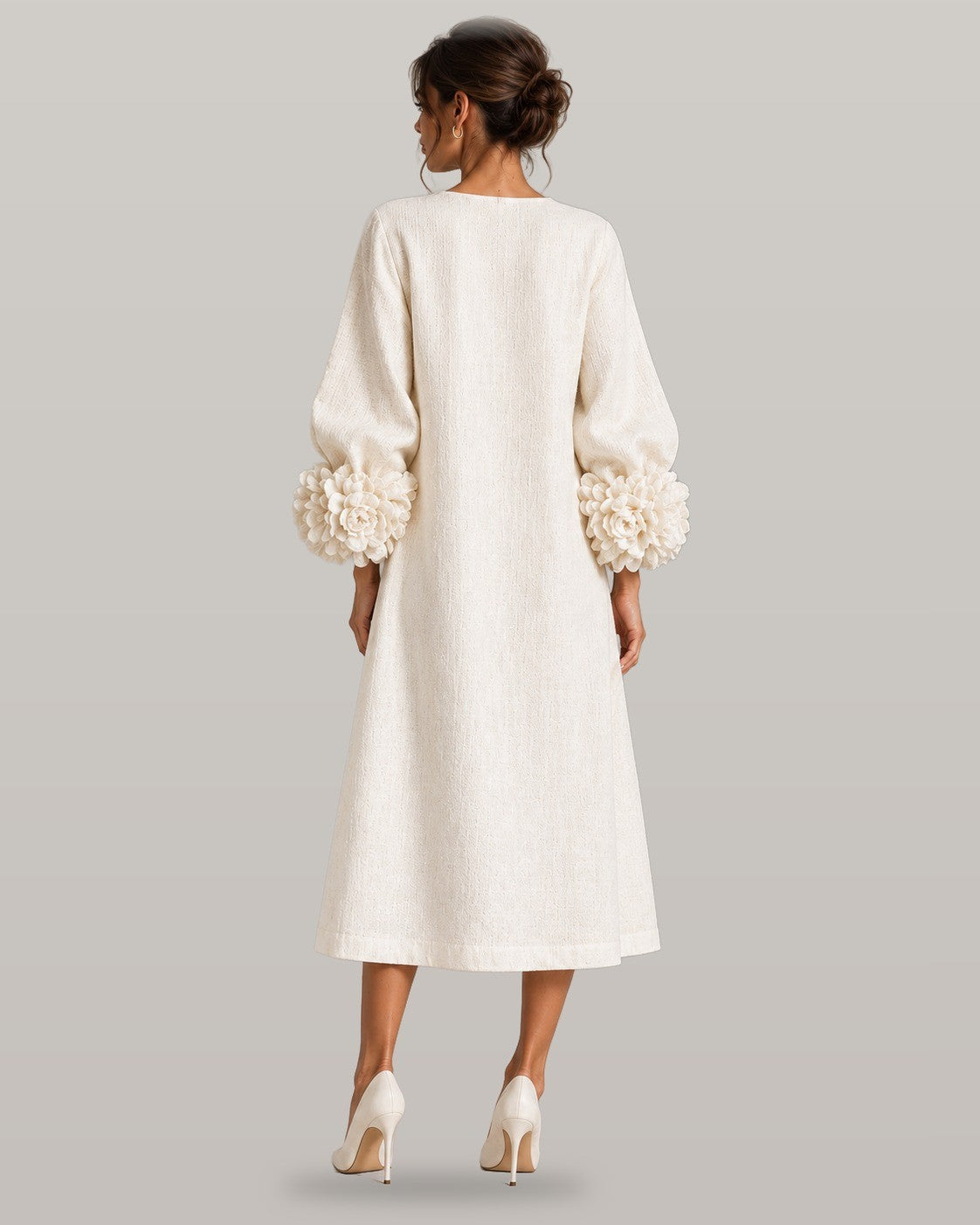 Midi dress with rose-cuff sleeves in white, back view
