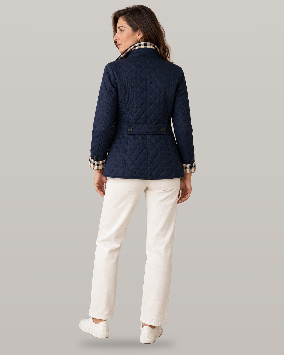 Elegant quilted jacket in navy, back view