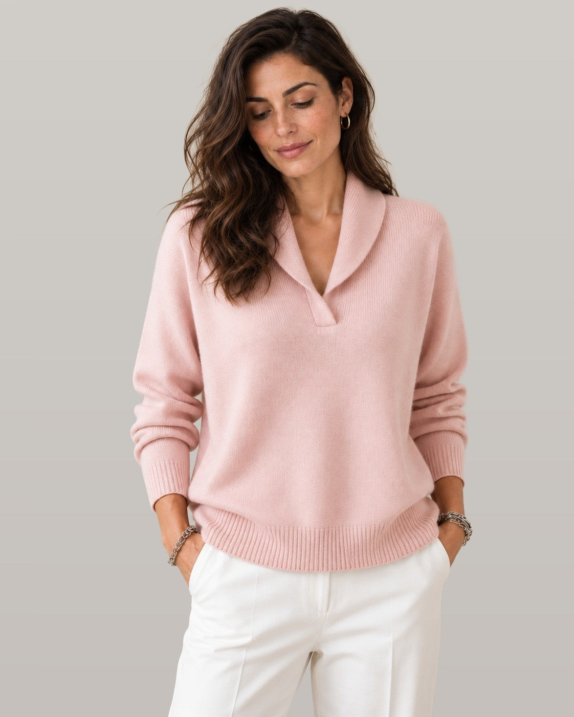 Nella shawl collar V-neck sweater in pink, front view