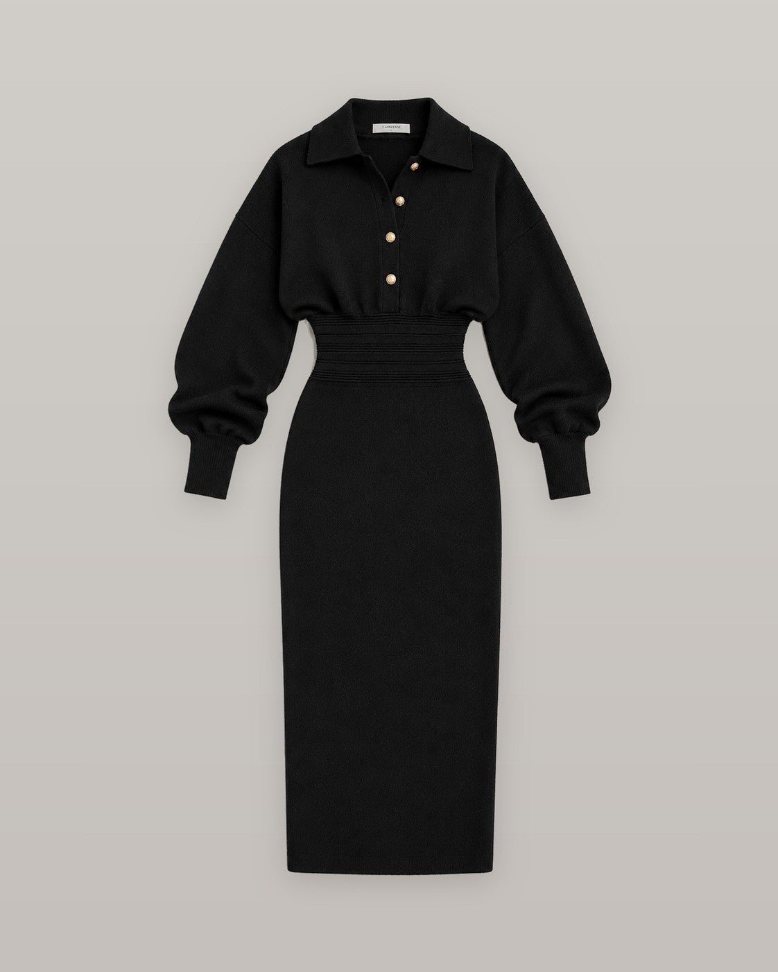 Cinched waist knit shirt dress in black, flat lay