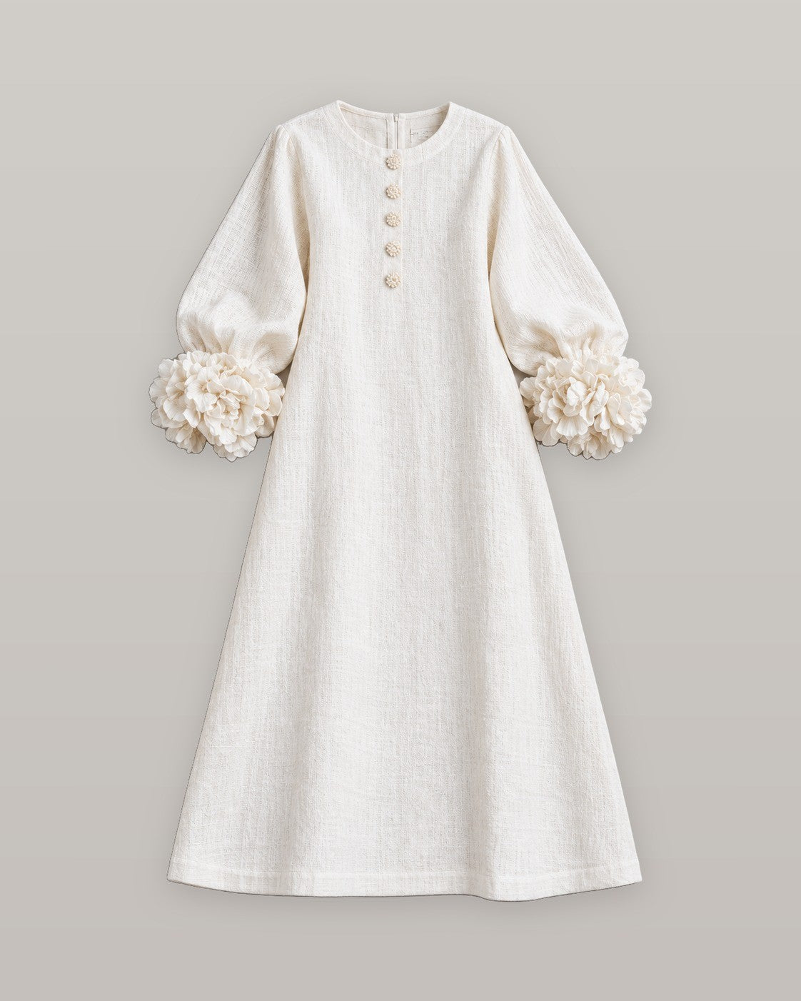 Midi dress with rose-cuff sleeves in white, flat lay