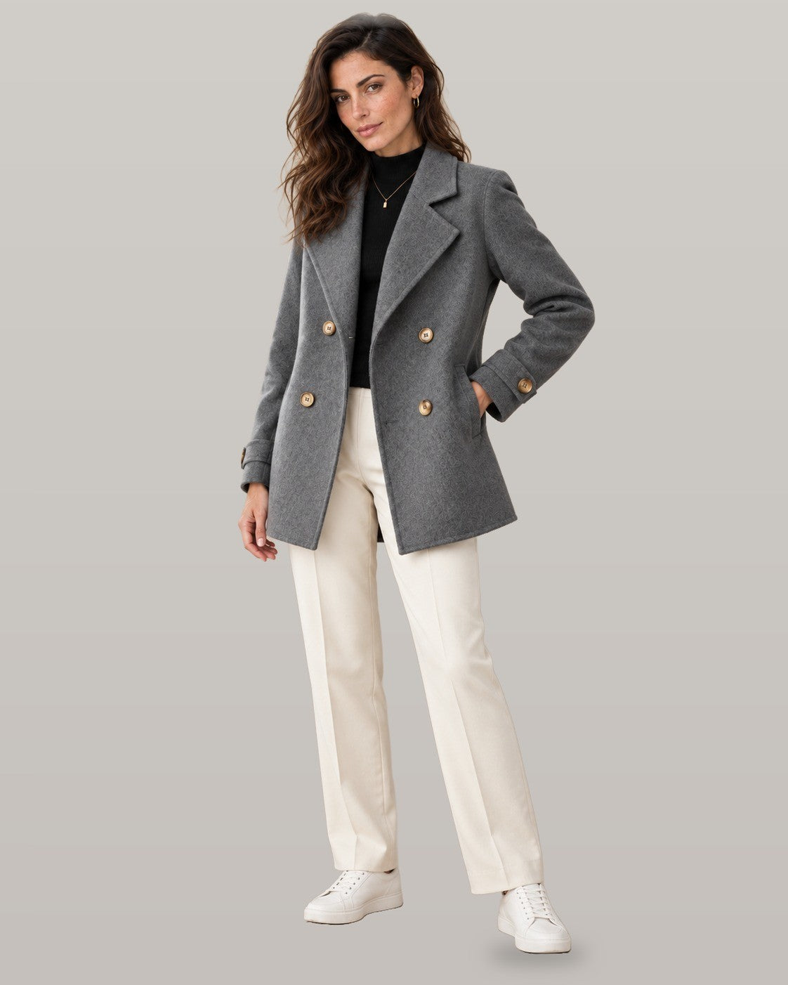 Tiara double-breasted coat in gray, full-length view