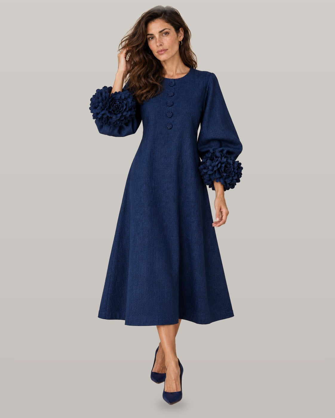 Midi dress with rose-cuff sleeves in navy blue, full-length view