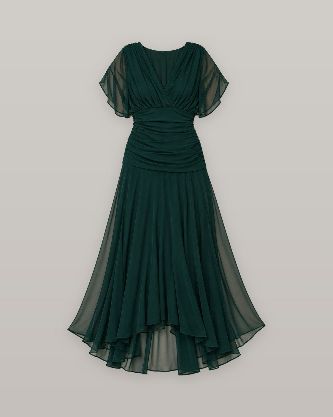 Elegant maxi party dress in dark green, flat lay