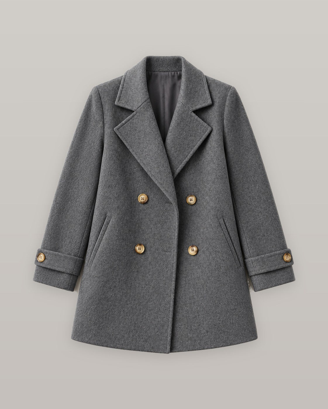Tiara double-breasted coat in gray, flat lay