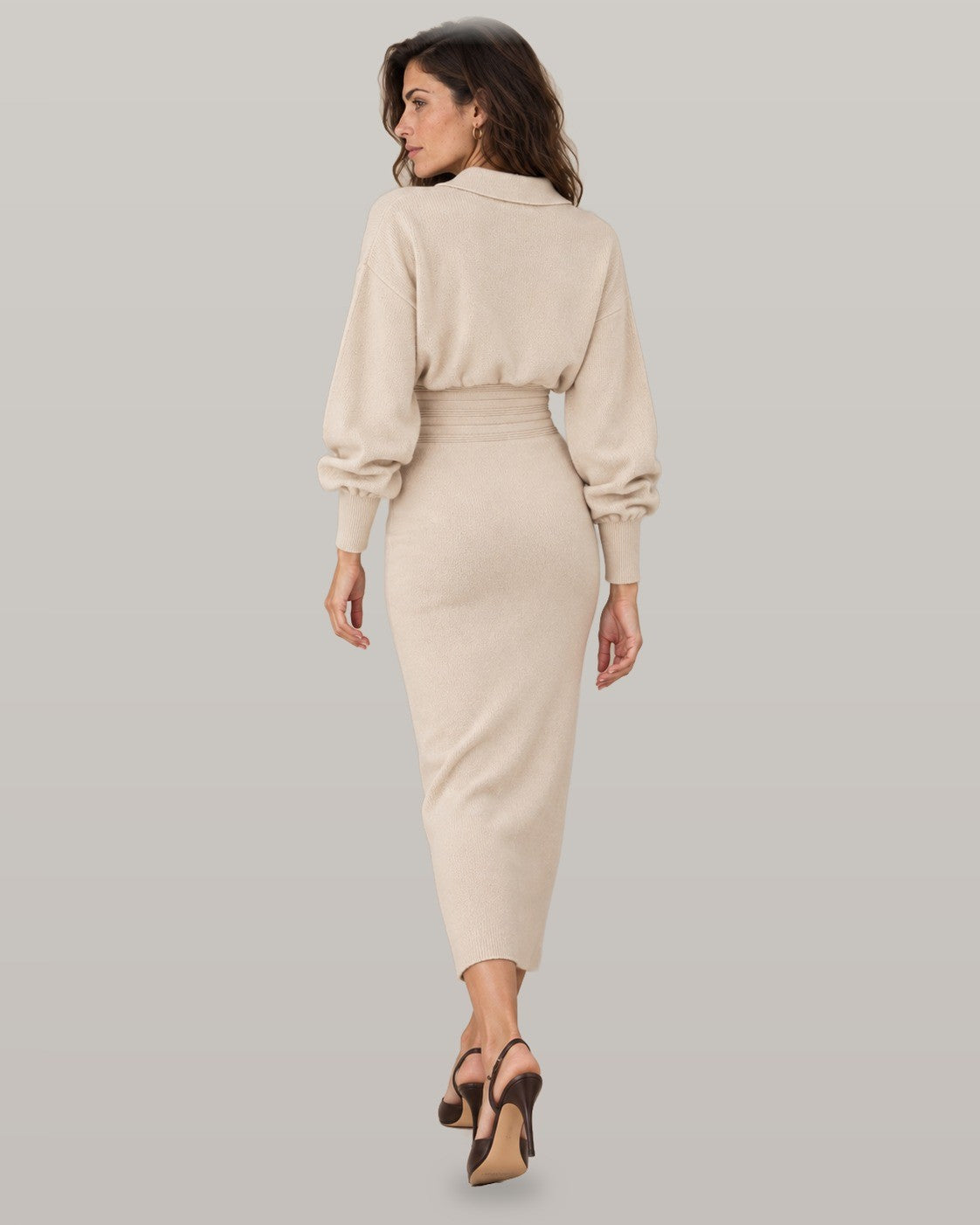 Cinched waist knit shirt dress in beige, back view