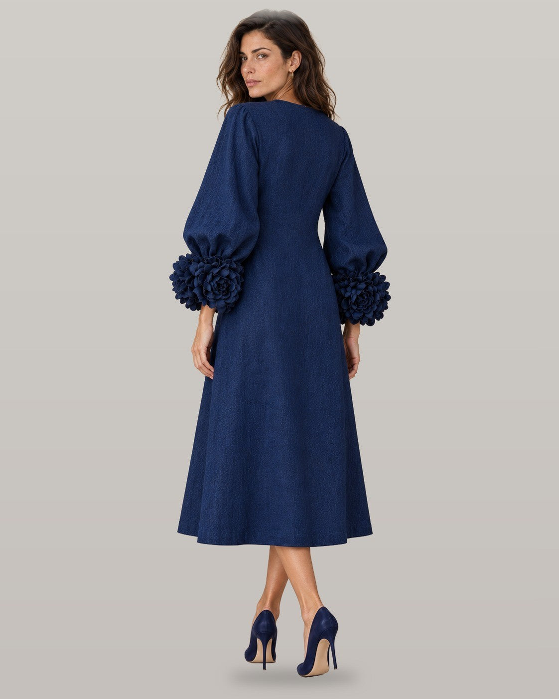 Midi dress with rose-cuff sleeves in navy blue, back view