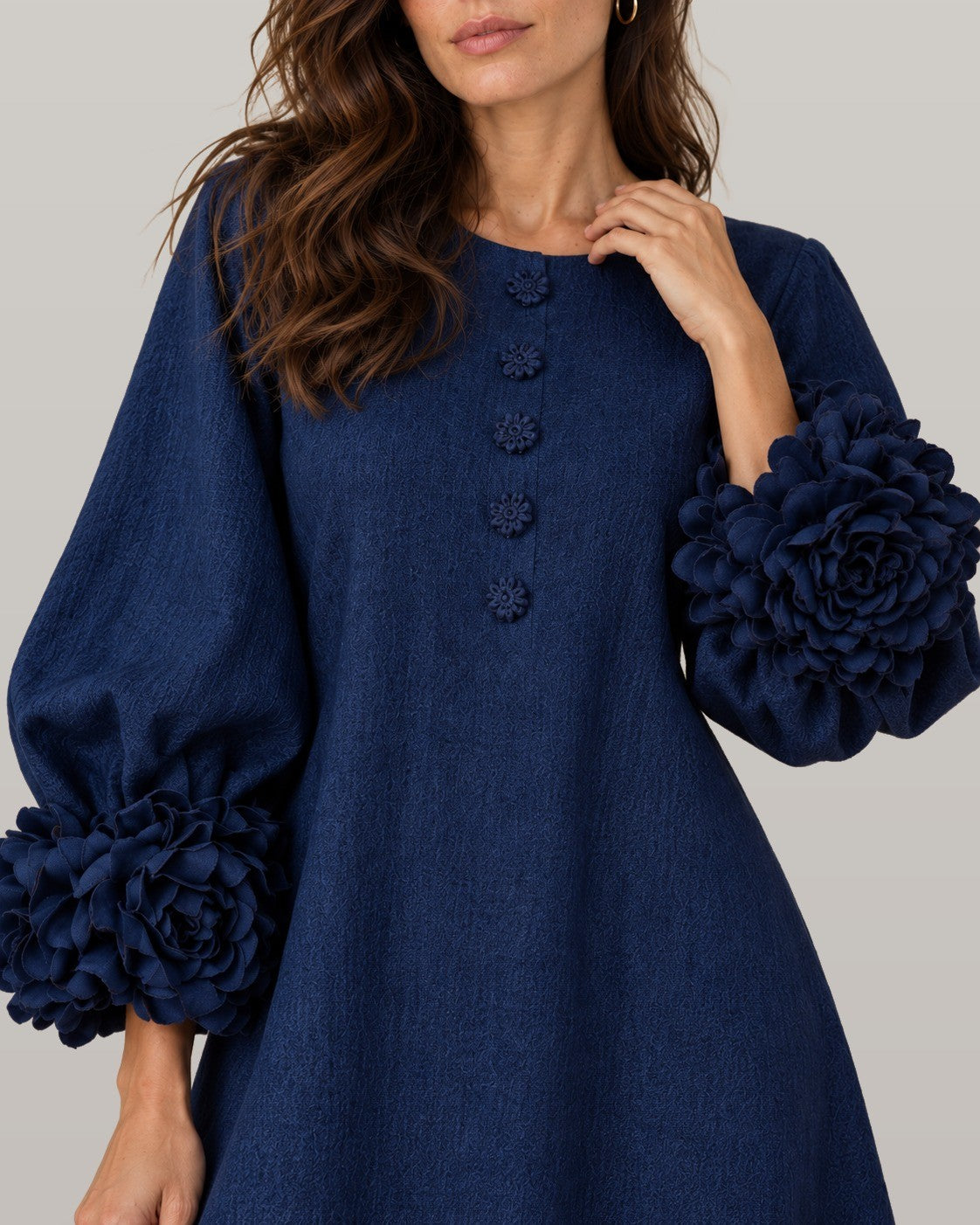 Midi dress with rose-cuff sleeves in navy blue, close-up detail