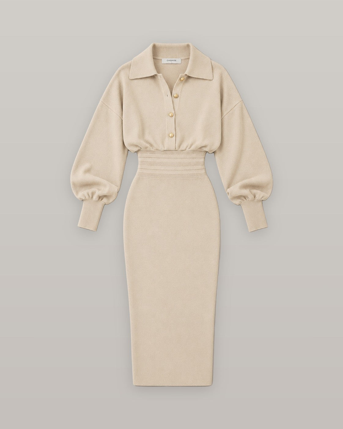 Cinched waist knit shirt dress in beige, flat lay