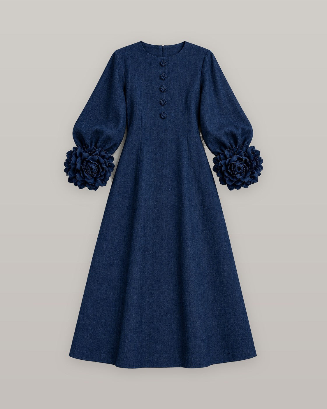 Midi dress with rose-cuff sleeves in navy blue, flat lay