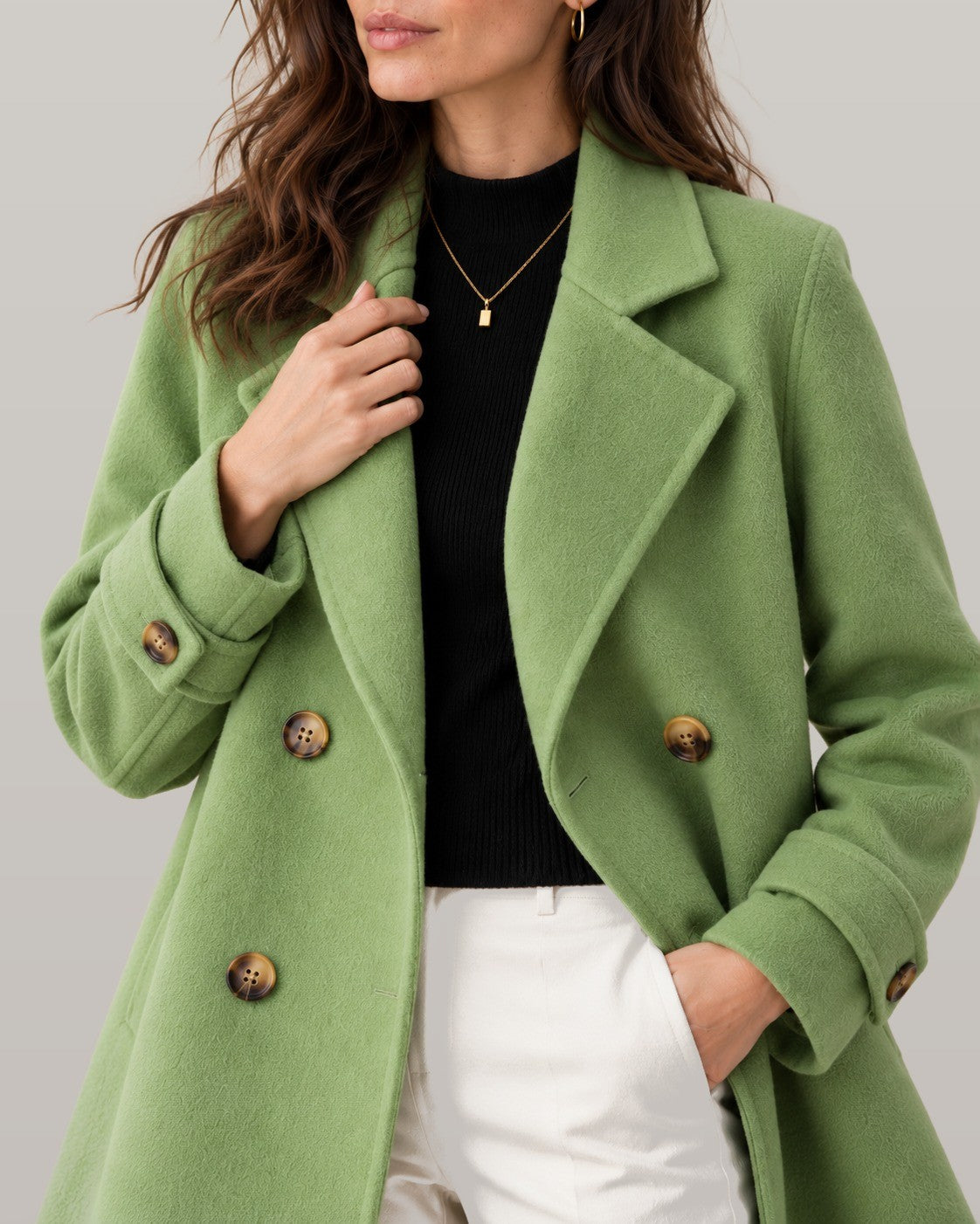 Tiara double-breasted coat in green, close-up detail