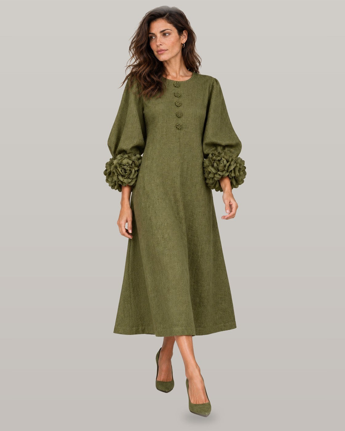 Midi dress with rose-cuff sleeves in olive, full-length view