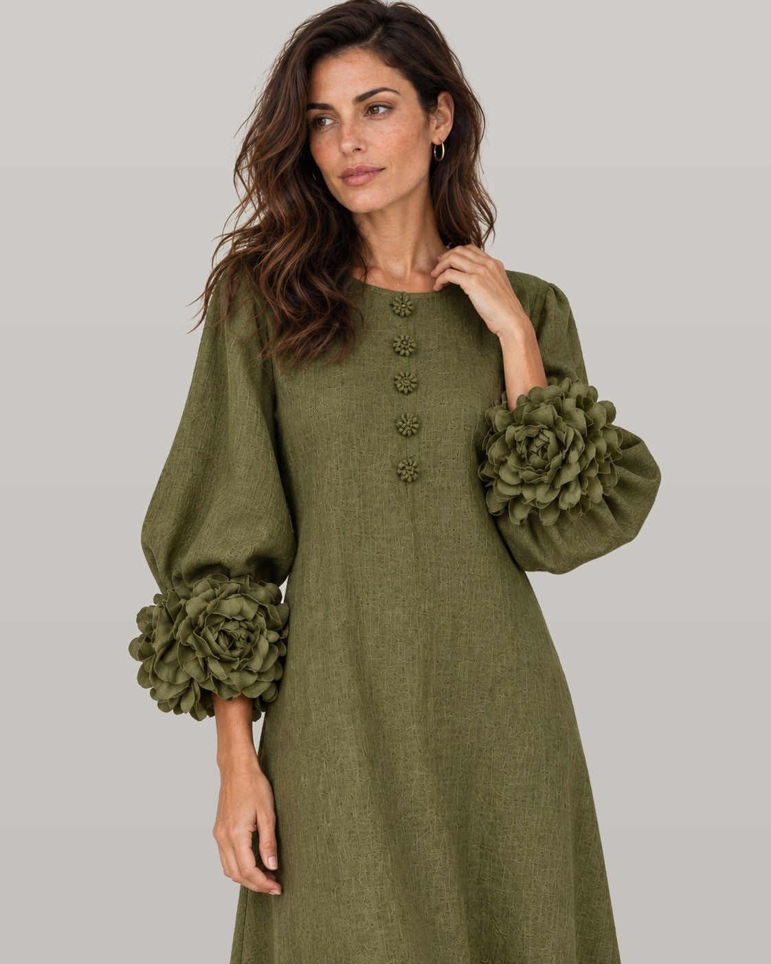 Midi dress with rose-cuff sleeves in olive, front view