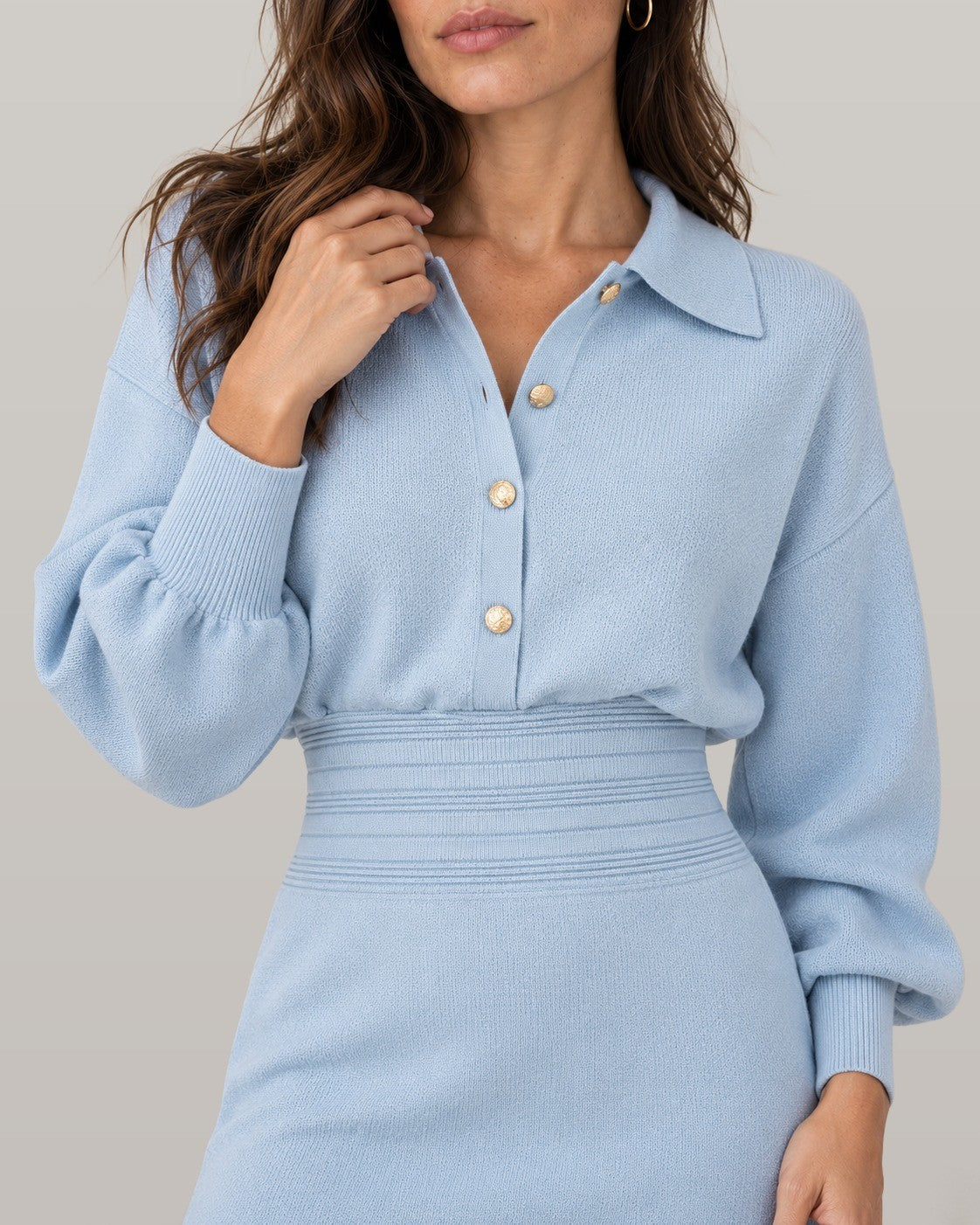 Cinched waist knit shirt dress in light blue, close-up detail