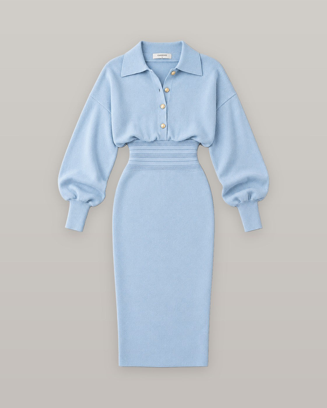 Cinched waist knit shirt dress in light blue, flat lay